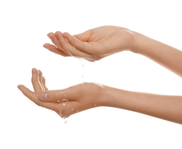 Vrouw Met Water Haar Handen Witte Achtergrond Close — Stockfoto