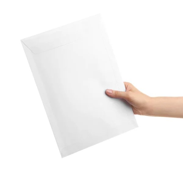 Woman Holding Paper Envelope White Background Closeup — Stock Photo, Image