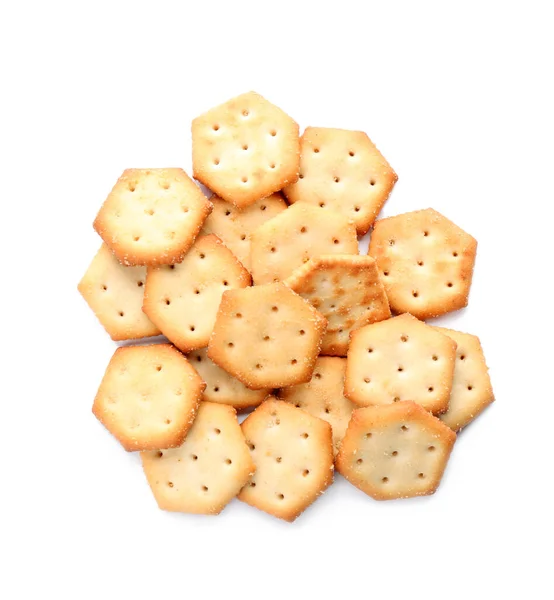 Delicious Crispy Crackers Isolated White Top View — Stock Photo, Image