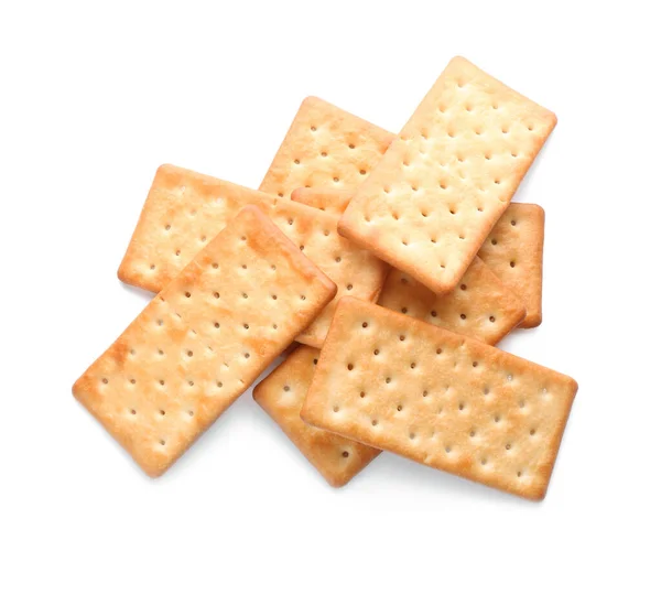 Delicious Crispy Crackers Isolated White Top View — Stock Photo, Image