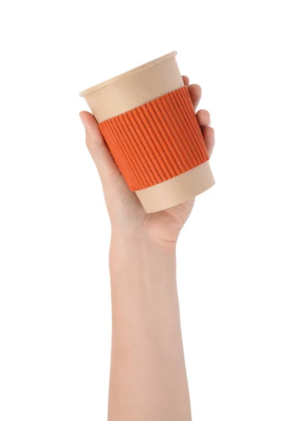 Kvinna Innehav Takeaway Papper Kaffekopp Med Kartong Ärm Vit Bakgrund — Stockfoto