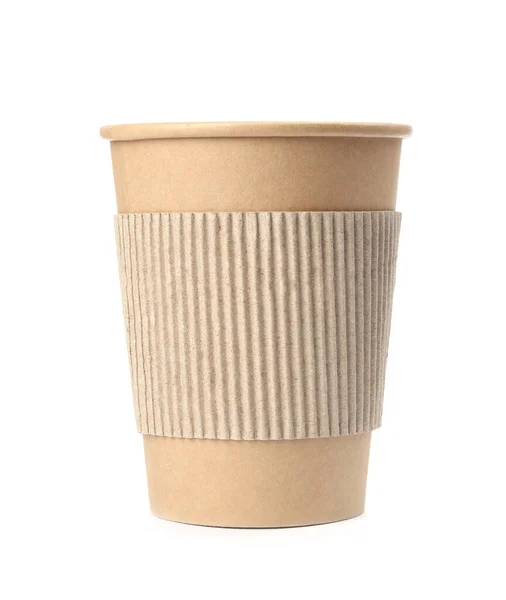 Tasse Café Papier Emporter Avec Manchon Carton Isolé Sur Blanc — Photo
