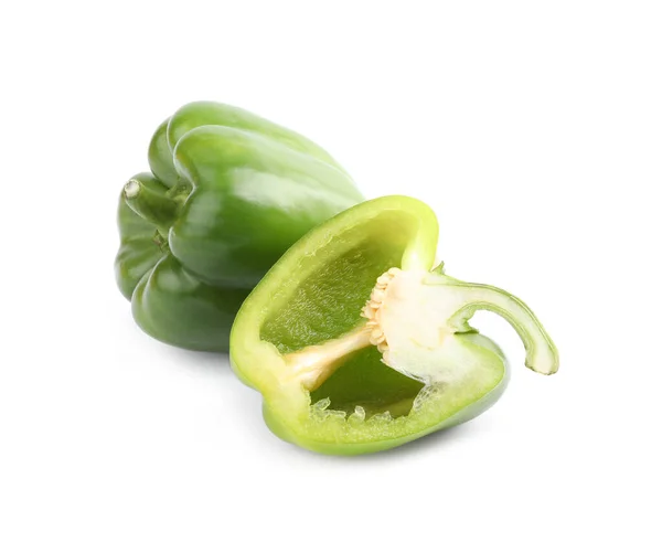 Cut Whole Fresh Green Bell Peppers Isolated White — Stock Photo, Image