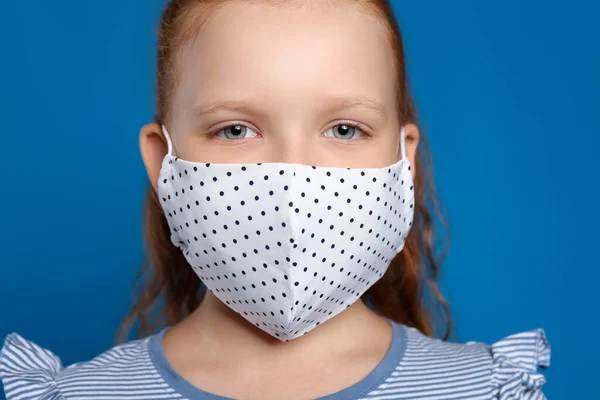 Preteen Girl Protective Face Mask Blue Background Closeup — Stock Photo, Image