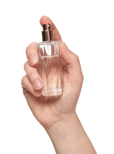 Mulher Com Frasco Perfume Sobre Fundo Branco Close — Fotografia de Stock