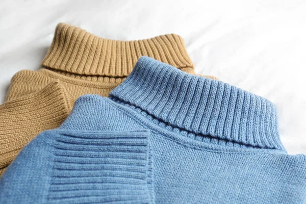 Stylish Knitted Sweaters White Fabric Closeup — Stock Photo, Image