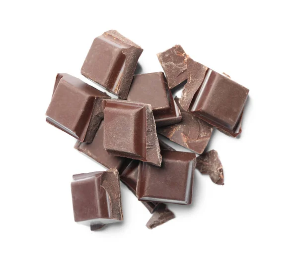 Lezzetli Siyah Çikolata Parçaları Beyaza Izole Edilmiş Üst Manzara — Stok fotoğraf