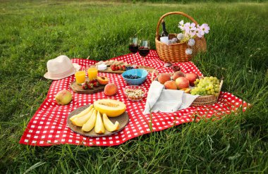 Lezzetli yiyeceklerle piknik battaniyesi ve yeşil çimlerin üzerinde içecekler.