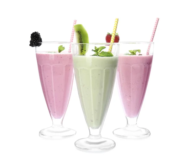 Tasty Fresh Milk Shakes Berries White Background — Stock Photo, Image