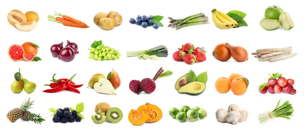 白い背景に有機新鮮な果物や野菜の盛り合わせ バナーデザイン — ストック写真