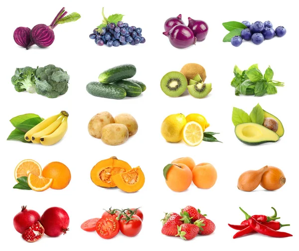 Assortment Organic Fresh Fruits Vegetables White Background — Stock Photo, Image