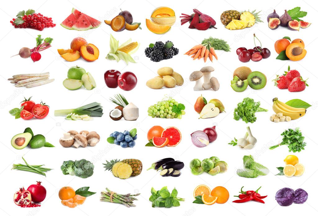 Assortment of organic fresh fruits and vegetables on white background