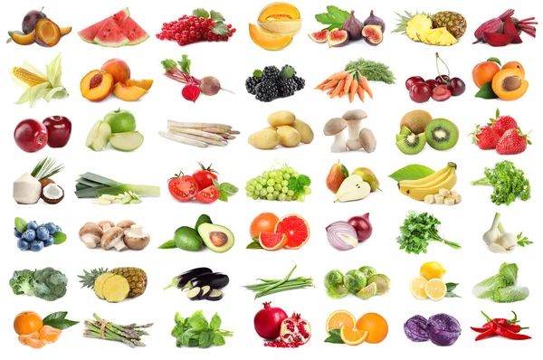 Sortiment Ekologiska Färska Frukter Och Grönsaker Vit Bakgrund — Stockfoto
