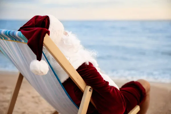 Santa Claus Relaxing Chair Beach Space Text Christmas Vacation — Stock Photo, Image