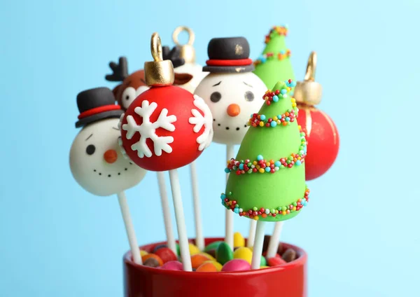 Delicious Christmas Themed Cake Pops Light Blue Background Closeup — Stock Photo, Image