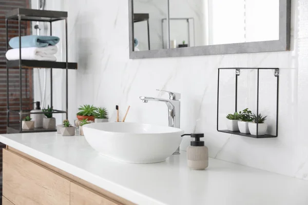 Bathroom Counter Stylish Vessel Sink Houseplants Interior Design — Stock Photo, Image