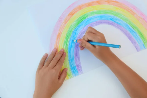 Little Child Drawing Rainbow White Background Top View Stay Home — Stock Photo, Image