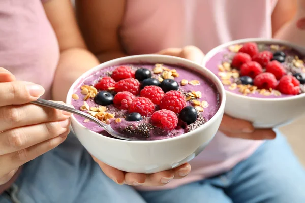 Women Tasty Natural Acai Smoothie Closeup — Stock Photo, Image