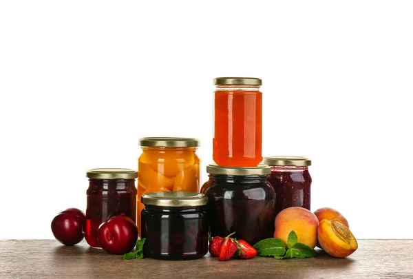 Jars Pickled Fruits Jams Grey Table — Stock Photo, Image