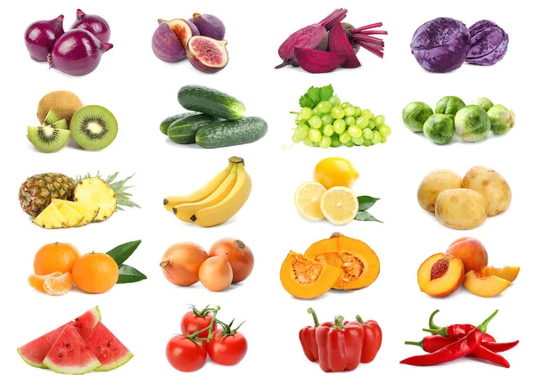 Assortment Organic Fresh Fruits Vegetables White Background Stock Photo