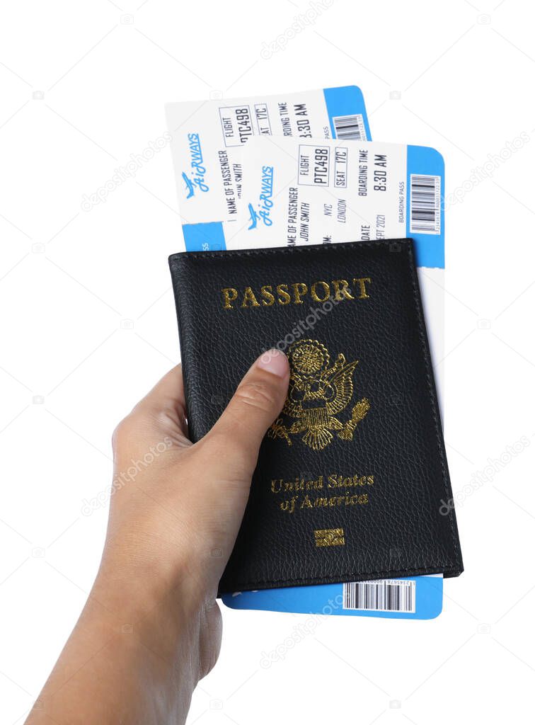 Woman holding passport with tickets on white background, closeup. Travel agency concept