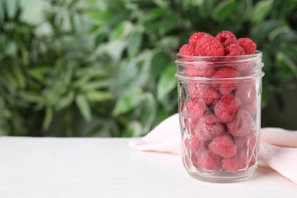 Delicious Fresh Ripe Raspberries Glass Jar White Wooden Table Space — Stock Photo, Image