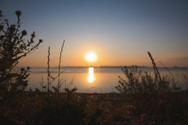 Nehir kenarında güzel bir gün doğumu manzarası. Sabah gökyüzü