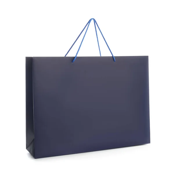 Saco Compras Papel Azul Escuro Isolado Branco — Fotografia de Stock