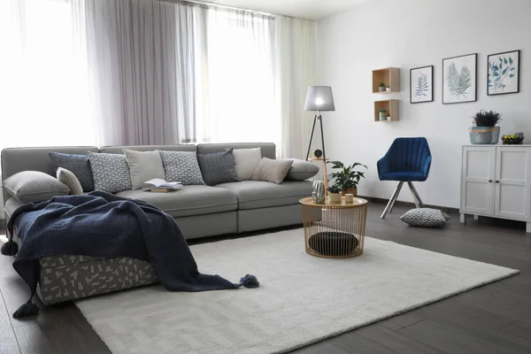 Elegantní Obývací Pokoj Pohodlnou Pohovkou Oken Návrh Interiéru — Stock fotografie