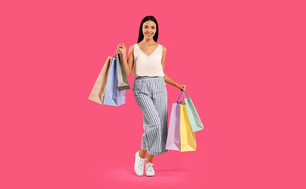 Beautiful Young Woman Paper Shopping Bags Pink Background — Stock Photo, Image