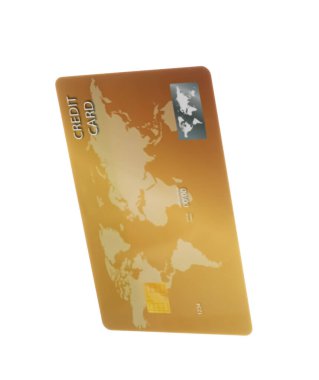 Altın plastik kredi kartı beyaza izole edilmiş.