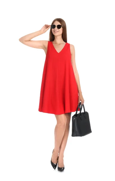 Jovem Mulher Vestindo Elegante Vestido Vermelho Com Saco Elegante Fundo — Fotografia de Stock