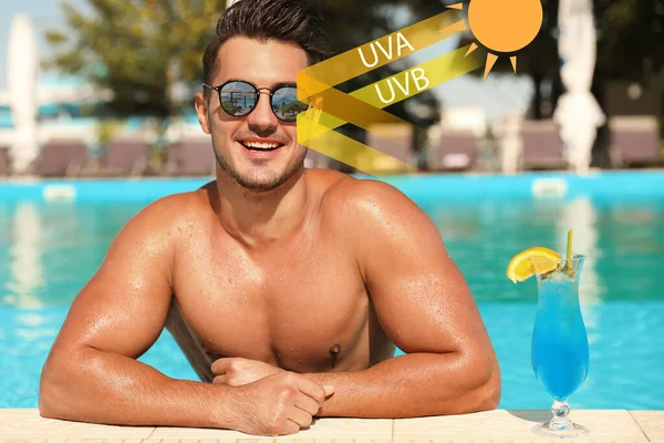 在室外游泳池里戴太阳镜的人 由镜片反射的Uva和Uvb射线 — 图库照片