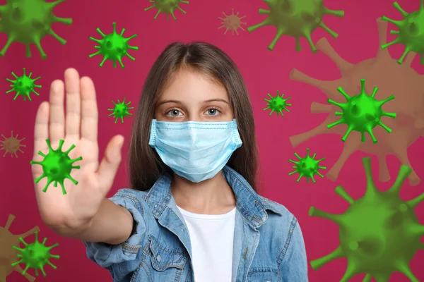 Stop Covid Outbreak Little Girl Wearing Medical Mask Surrounded Virus — Stock Photo, Image