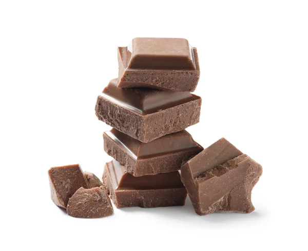 Pedaços Chocolate Com Leite Delicioso Isolados Branco — Fotografia de Stock