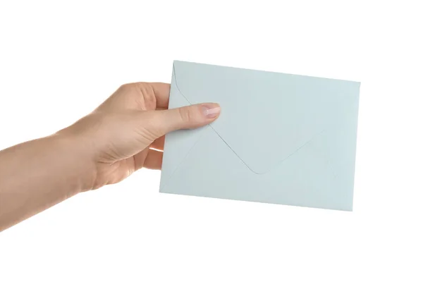 Woman Holding Paper Envelope White Background Closeup — Stock Photo, Image