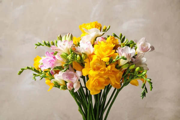 Mooie Kleurrijke Bloeiende Freesias Tegen Grijze Achtergrond — Stockfoto