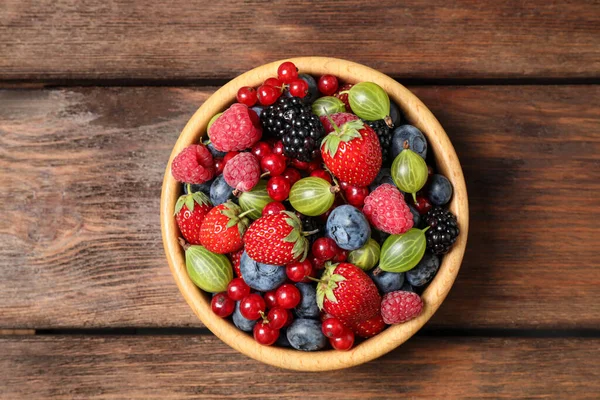 Mix Ripe Berries Wooden Table Top View — Stock Photo, Image