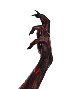 Beyaz arka planda korkunç bir canavar, yakın plan. Cadılar Bayramı karakteri