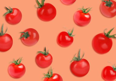 Soluk turuncu arka planda taze domatesler. Desen tasarımı 