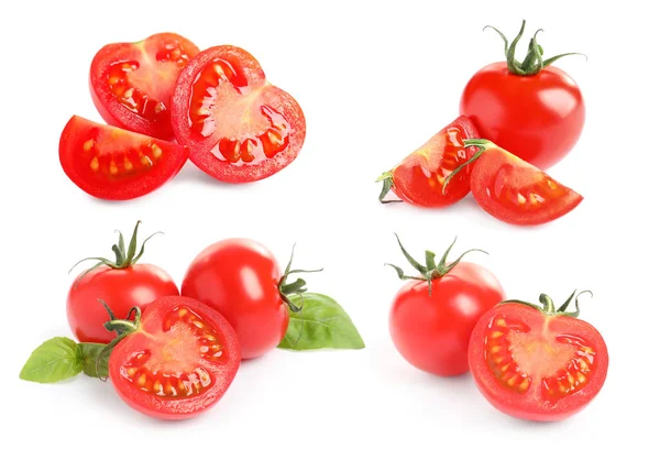Zestaw Dojrzałych Czerwonych Pomidorów Białym Tle — Zdjęcie stockowe