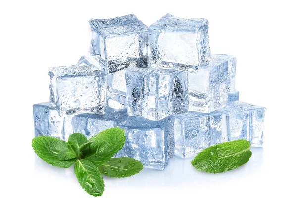 Кубики Льоду Зелене Листя Яти Білому Тлі — стокове фото