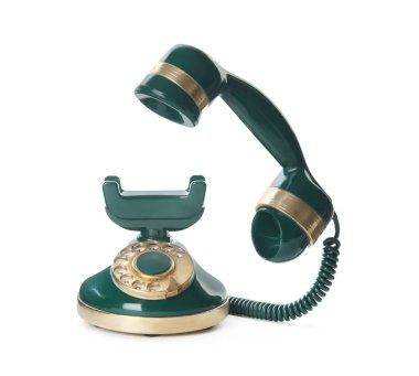 Zarif, yeşil telefon beyazda izole edilmiş.