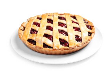 Beyaz üzerine izole edilmiş taze kirazlı turta.