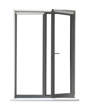 Beyaz arkaplanda koyu gri çerçeveli modern plastik pencere