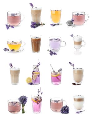 Beyaz arka planda lavantalı farklı içecekler.