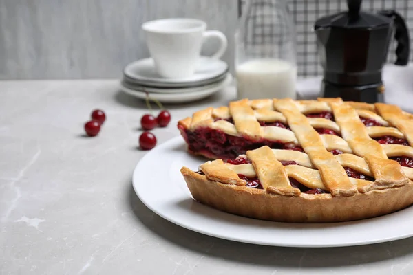 Delicious Fresh Cherry Pie Light Grey Marble Table — Stock Photo, Image