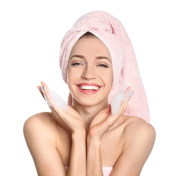 Young Woman Washing Face Soap Foam White Background — Stock Photo, Image