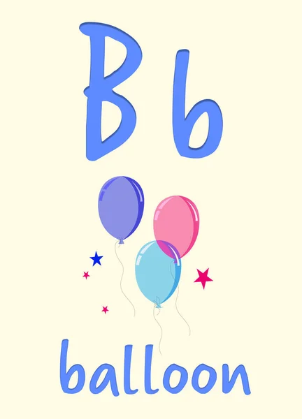 Learning English alphabet. Card with letter B and balloons, illustration