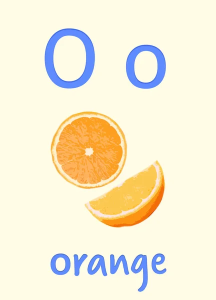Learning English alphabet. Card with letter O and orange, illustration